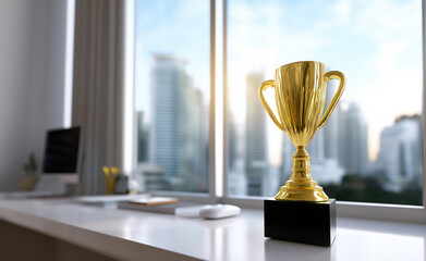 Fototapeta na wymiar Golden trophy cup placed on a glass desk in a modern office with city view windows. 