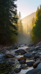 A serene mountain stream flowing over smooth rocks in a lush valley at sunrise with mist and golden light Generative AI