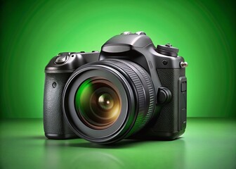 Professional DSLR Camera with Silver Accents - Isolated on Green Background