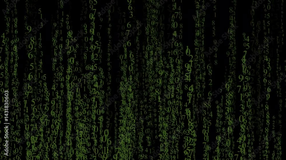 Poster digital code cascade: an abstract cascade of green digital code streams downwards against a stark bl