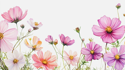 Naklejka premium Elegant wedding invitation card background . Minimal hand painted watercolor Cosmos flowers texture template background. Design for wedding, vip cover, poster, rsvp moderncard.Valentine's Day