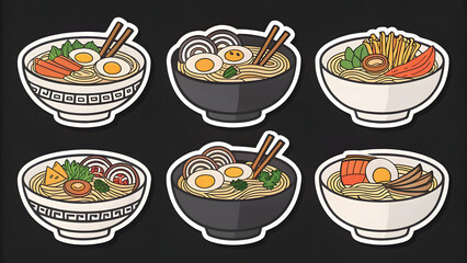 Set die cut sticker designs ramen bowls