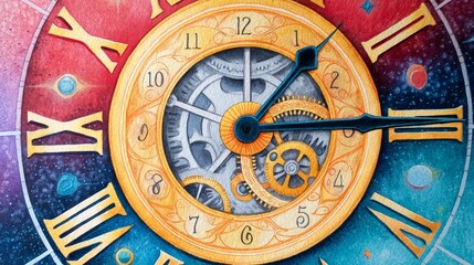 Fototapeta premium Celestial Clockwork Watercolor - A vibrant surreal watercolor painting of a clock, symbolizing time, the cosmos, mechanics, artistry, and mystery