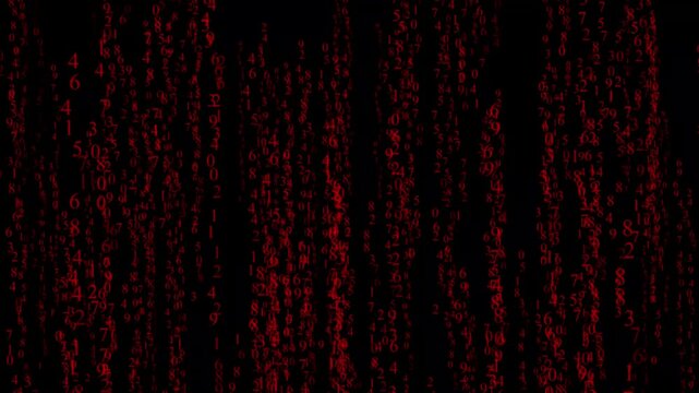 Red Rain of Symbols: Immerse yourself in a mesmerizing digital cascade of vibrant red symbols against an abyssal black backdrop.