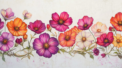 Elegant wedding invitation card background . Minimal hand painted watercolor Cosmos flowers texture template background. Design for wedding, vip cover, poster, rsvp moderncard.Valentine's Day