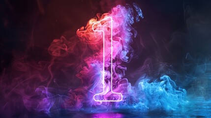 Obraz premium The glowing neon number 1 in bright pink and blue tones with the image of smoke on a dark background embodies creativity and energy.
