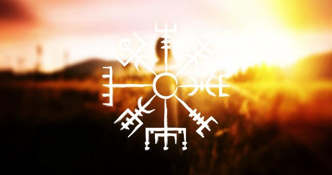 Hand drawn norse symbol of vegvisir also known as viking compass.	