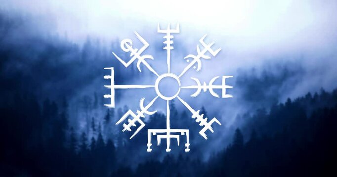Hand drawn norse symbol of vegvisir also known as viking compass.	