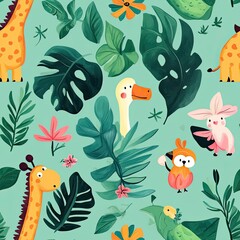 Tropical Paradise: Adorable Animals Amongst Lush Greenery and Vibrant Flowers