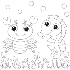 Sea horse and crab coloring page for kids