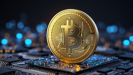 Golden Bitcoin on Futuristic Circuit Board 3D Cryptocurrency Concept