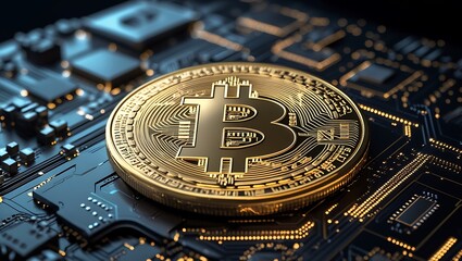 Golden Bitcoin on Futuristic Circuit Board 3D Cryptocurrency Concept