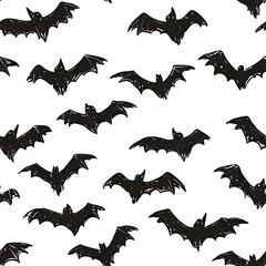 Naklejka premium Spooky Halloween Bats Seamless Pattern Design Black and White Illustration for Festive Decorations