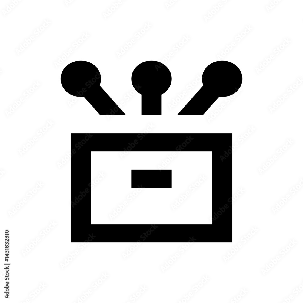 Poster stylized black television icon with three antenna and a rectangular screen display design element