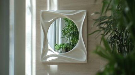 Modern white mirror reflects plants, sunlight on beige wall