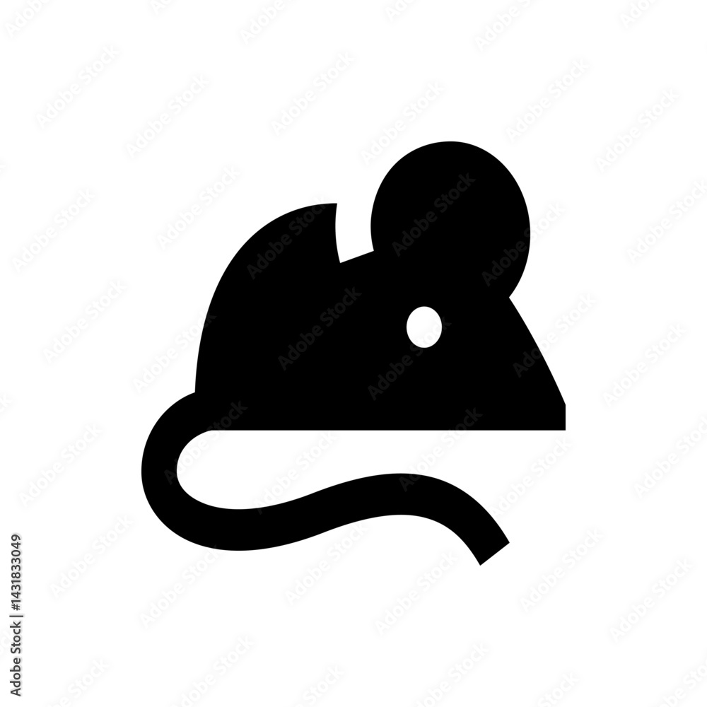 Poster silhouette of a mouse with a round ear and a curved tail in a simple black and white design style