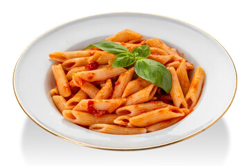 Penne macaroni pasta with tomato sauce and basil leaves, penne all'arrabbiata in white plate with golden edge isolated