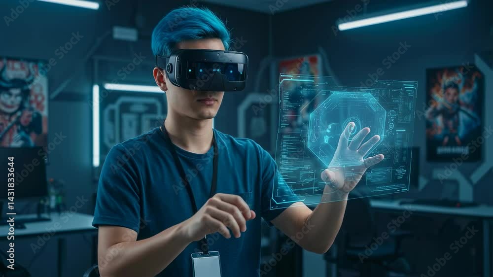 Aufkleber man interacting with vr interface. guy using virtual reality headset in hi tech office motion pictur