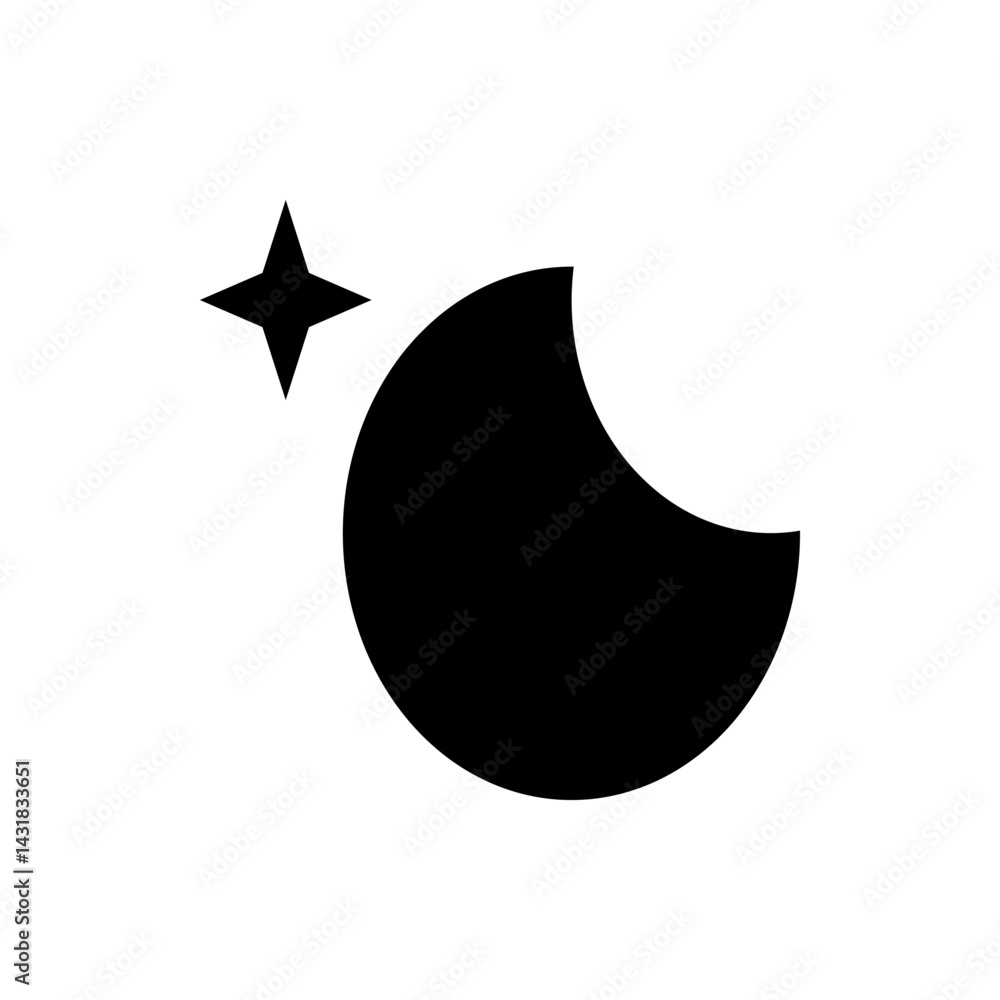 Poster illustration of a crescent moon shape with a four pointed star to the upper left in black color sche