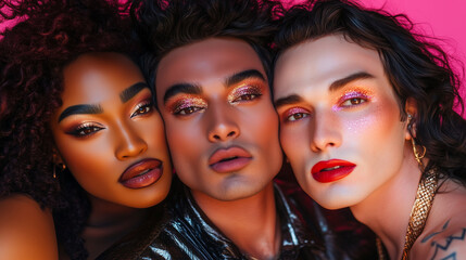 3 curvy male transgenders wearing make up, the have a different ethnic background, posing for an Instagram selfie with glittery eyeshadow and lipstick. He has medium long hair.