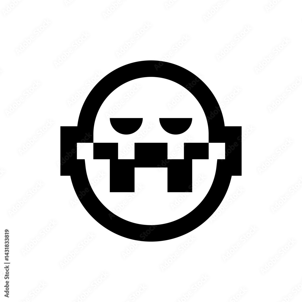 Poster black and white pixelated skull face inside a circle with square details and simple design elements