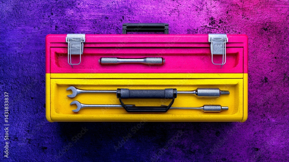 Poster colorful tool box with instruments - a vibrant pink and yellow toolbox with various tools neatly arr