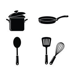 Set collections iron frying pan black silhouette icon. kitchen utensils design vector illustration