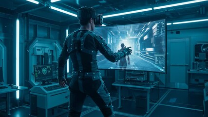 Immersive vr experience stock clip in black color. Modern virtual reality technology footage for gaming industry.