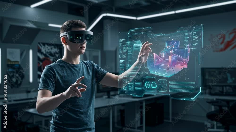 Poster immersive vr interface motion picture. future technology concept clip. cyberspace and virtual realit