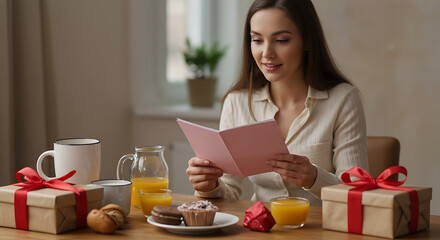 
Soft-focus image of a mom reading a card surrounded by breakfast items and gifts on a wooden table. Stock photography style.