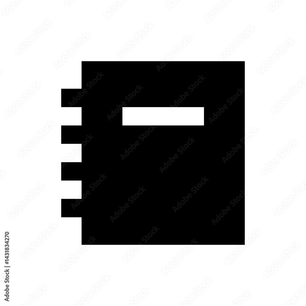 Poster illustration of a black notebook with a white label and spiral binding on the left side view