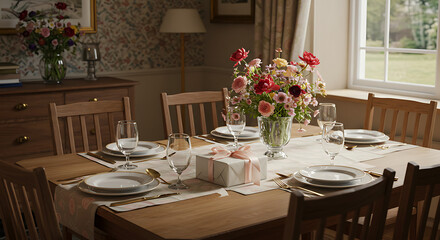 Dining table set with floral centerpiece, plates, and a gift box for Mother&rsquo;s Day, in a cozy home interior. Stock photography style.