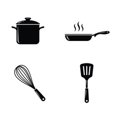 Set collections iron frying pan black silhouette icon. kitchen utensils design vector illustration
