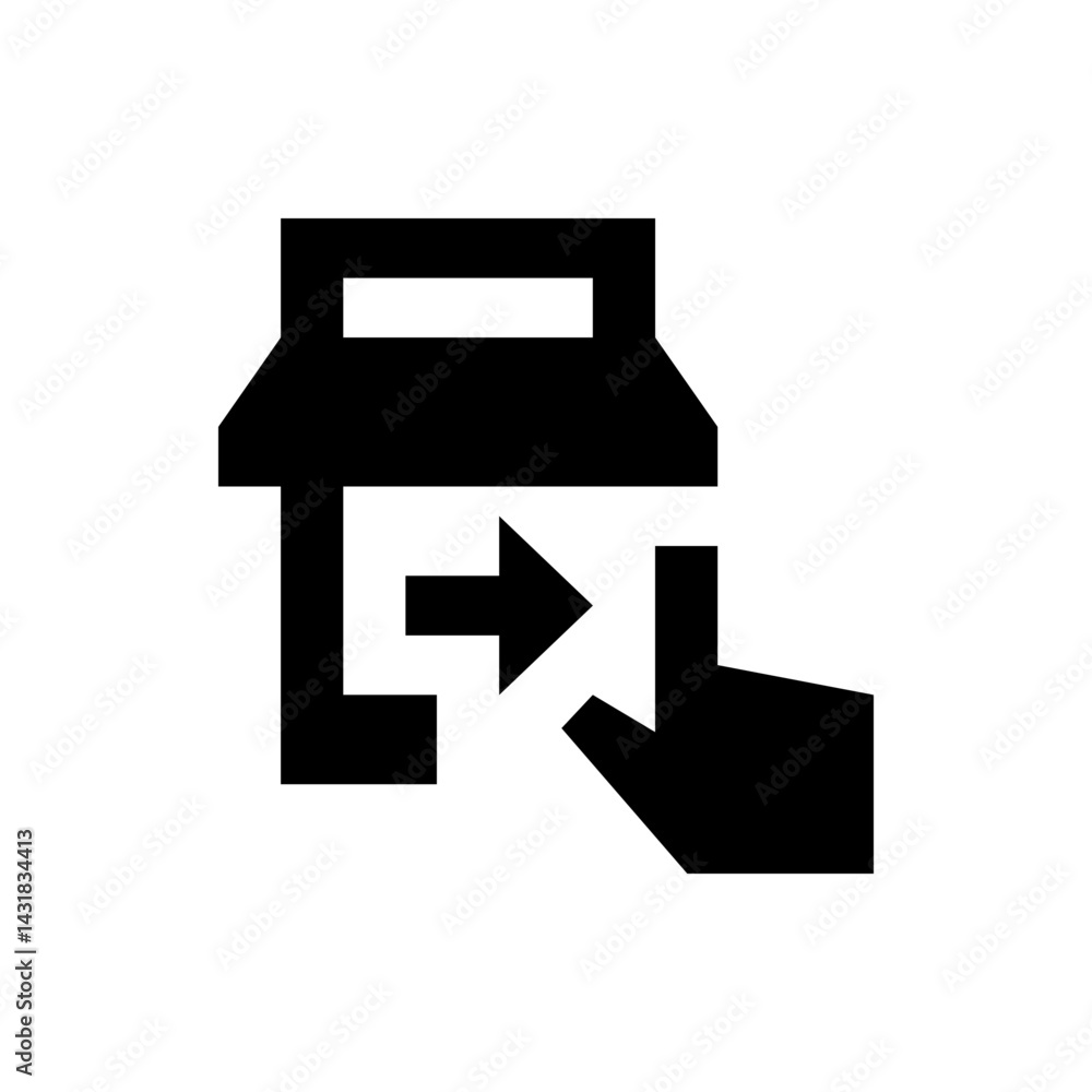Poster store with arrow pointing inside indicating purchase or entrance with hand pointing towards it icon