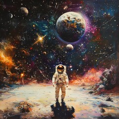 Obraz premium Vast cosmos with astronaut exploring surreal planets and galaxies in a vibrant space landscape at twilight