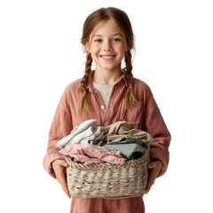 Smiling Girl Holding Laundry Basket  Child Chores Cute Kid Home Cleaning