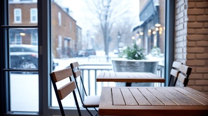 Fototapeta premium Cozy Winter Cafe Patio - Empty wooden tables and chairs on a cafe patio overlooking a snowy street. Winter ambiance