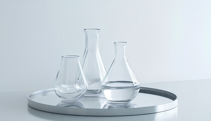 Laboratory glassware on a mirror surface on a light background