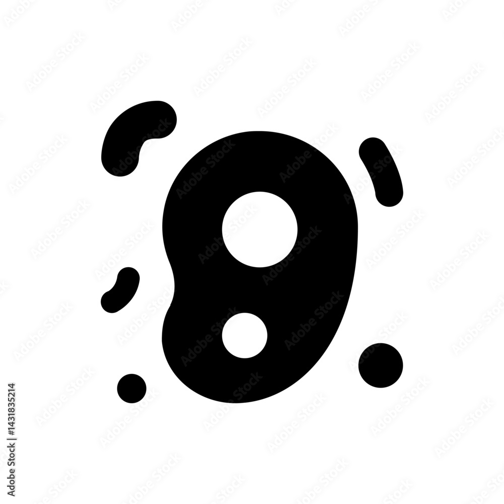 Poster abstract black blob with two white circles inside and smaller black blobs surrounding it on a white 