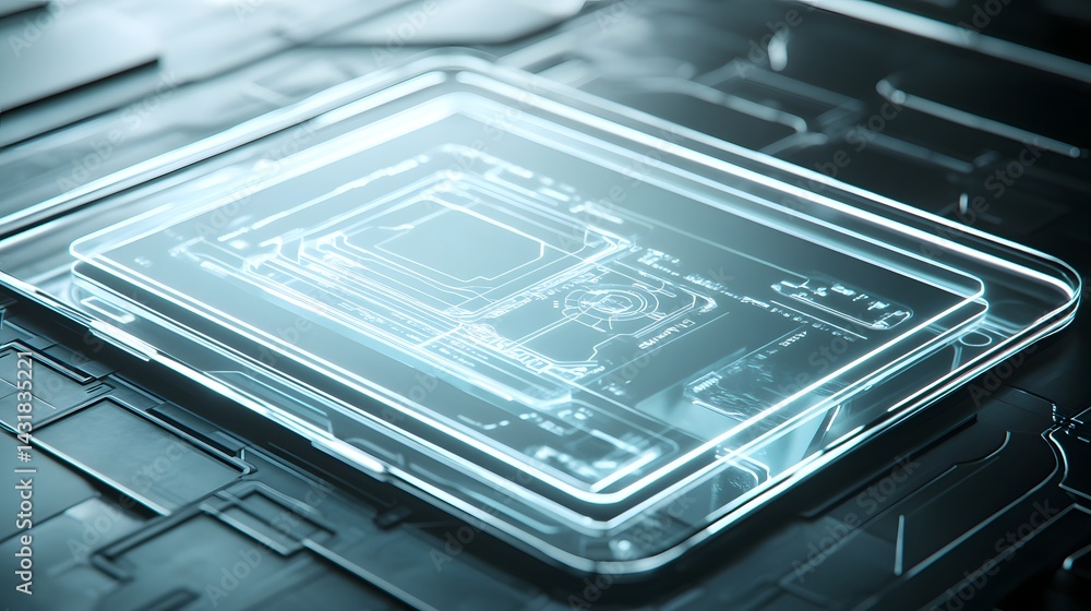 Poster close-up of a futuristic transparent computer chip with glowing circuitry. sleek design, high-tech a