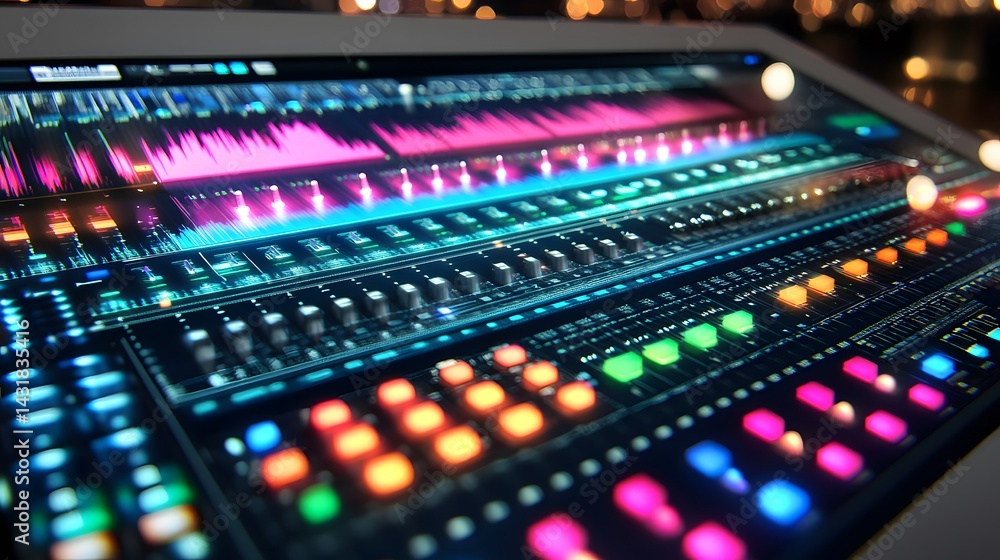 Poster close-up of a vibrant digital audio workstation, showcasing colorful waveforms and illuminated contr