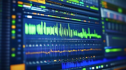 Close-up shot of a computer screen displaying vibrant audio waveforms and digital data.  The image suggests music production, sound engineering, or data analysis.