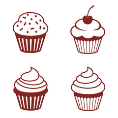 Different cartoon cupcakes set. Delicious muffins collection. Cupcake with chocolate, pink cream, cherry, strawberry 