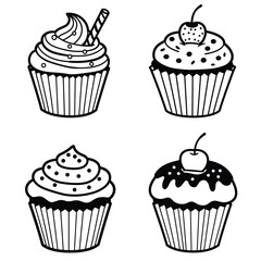 Different cartoon cupcakes set. Delicious muffins collection. Cupcake with chocolate, pink cream, cherry, strawberry 