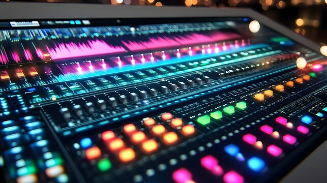 Close-up of a vibrant digital audio workstation, showcasing colorful waveforms and illuminated controls. A futuristic and technologically advanced music production interface.