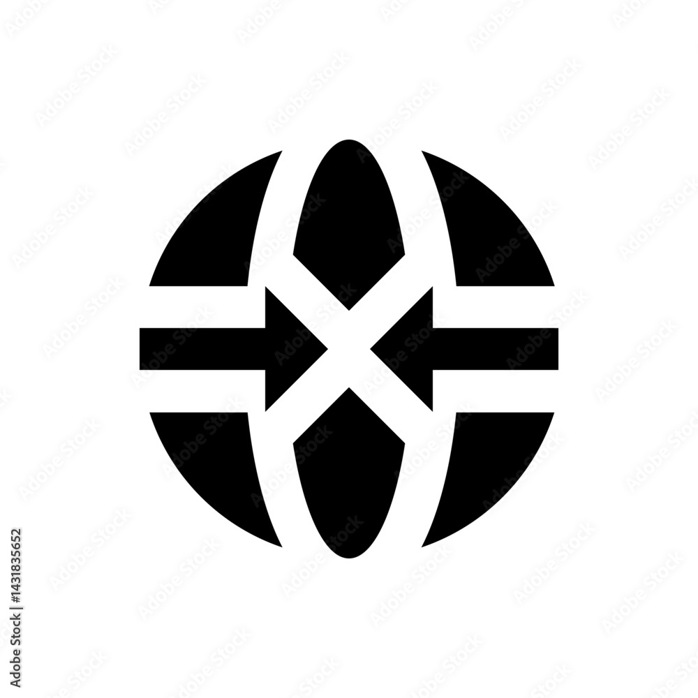 Poster black and white globe with horizontal arrows pointing inward creating a symmetrical design element h