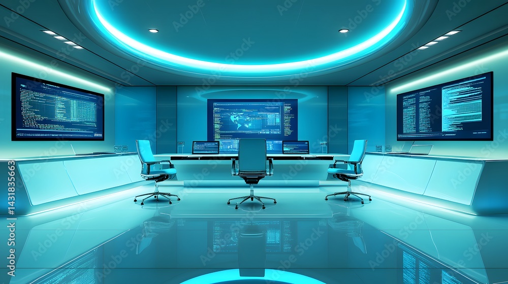 Aufkleber futuristic control room with large screens displaying code and a world map.