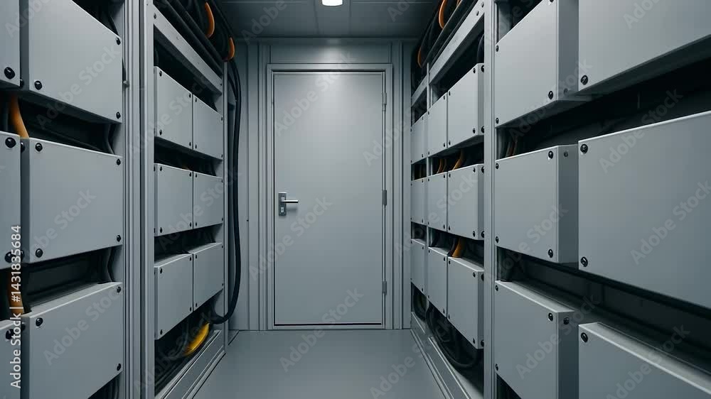 Poster server room walkthrough: data center corridor with power cables and electrical panels - secure infra