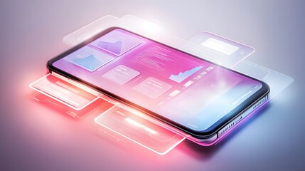 A smartphone displays vibrant holographic data interfaces, charts, and graphs. Futuristic technology and digital information concept. Sleek design with glowing elements.
