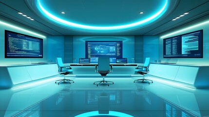 Futuristic control room with large screens displaying code and a world map.